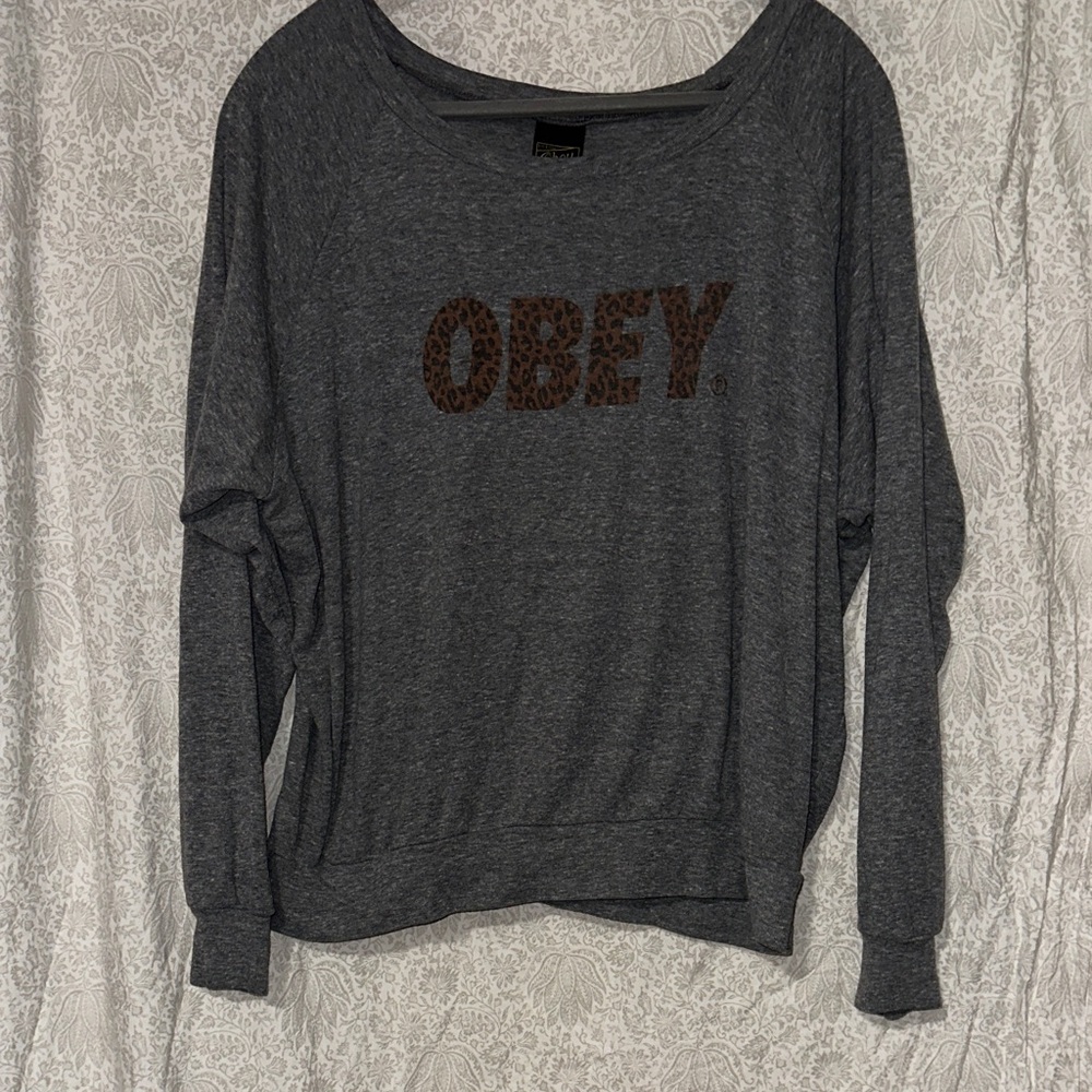 Obey Women's Charcoal Gray Sweater with Brown Logo